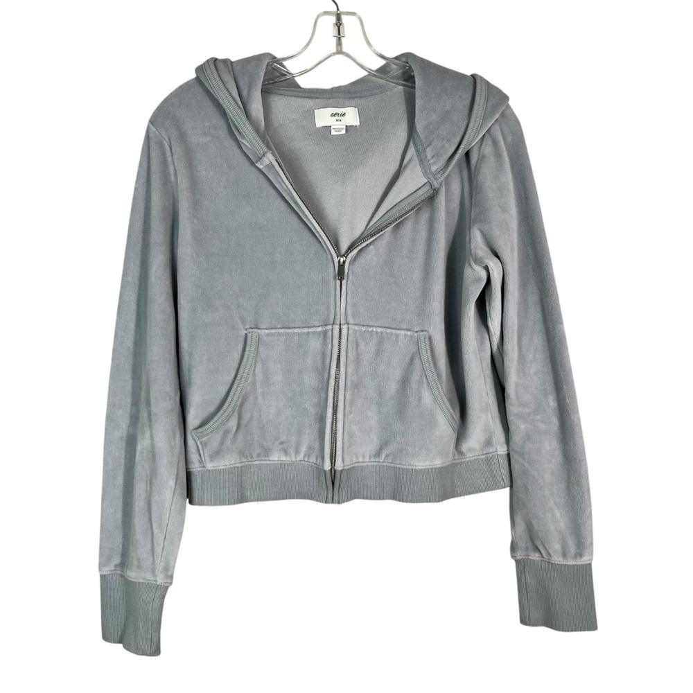 Aerie Light Gray Blue Cropped Full Zip Y2K Velour Velvet Track Suit Jacket Med M